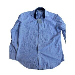 NWT Thomas Dean Mens Long Sleeve Button-Up Shirt Large Blue Checkered Pima Cotto